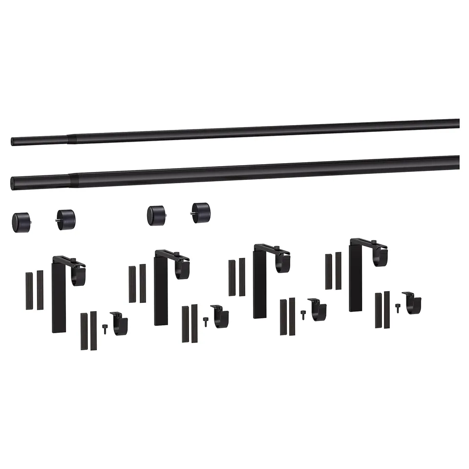 Image displays black curtain rod components: 2 rods, 4 brackets, 4 holders, 4 finials, and liners.