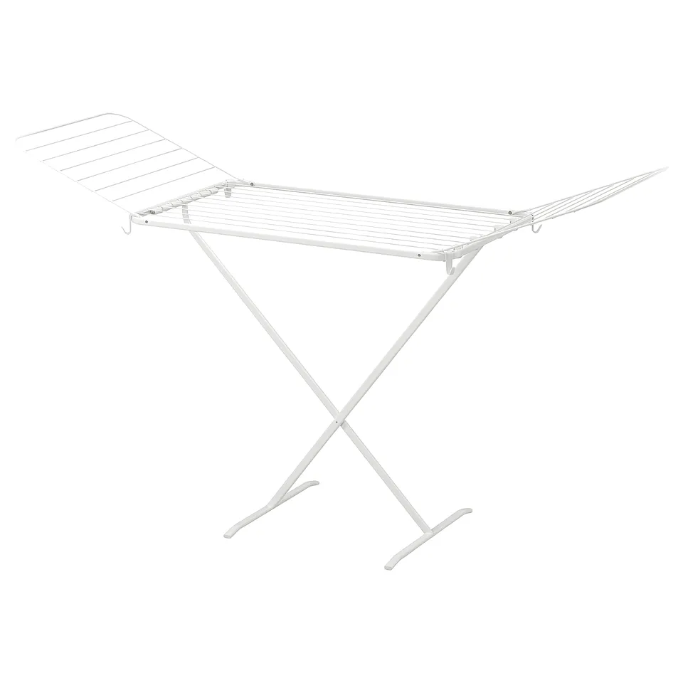 White MULIG drying rack with fold-out wings, stand and hooks, for indoor/outdoor use.