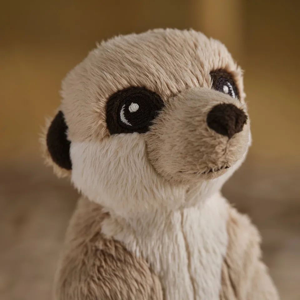 Stuffed animal, light brown fur, black eyes and nose, plush texture.