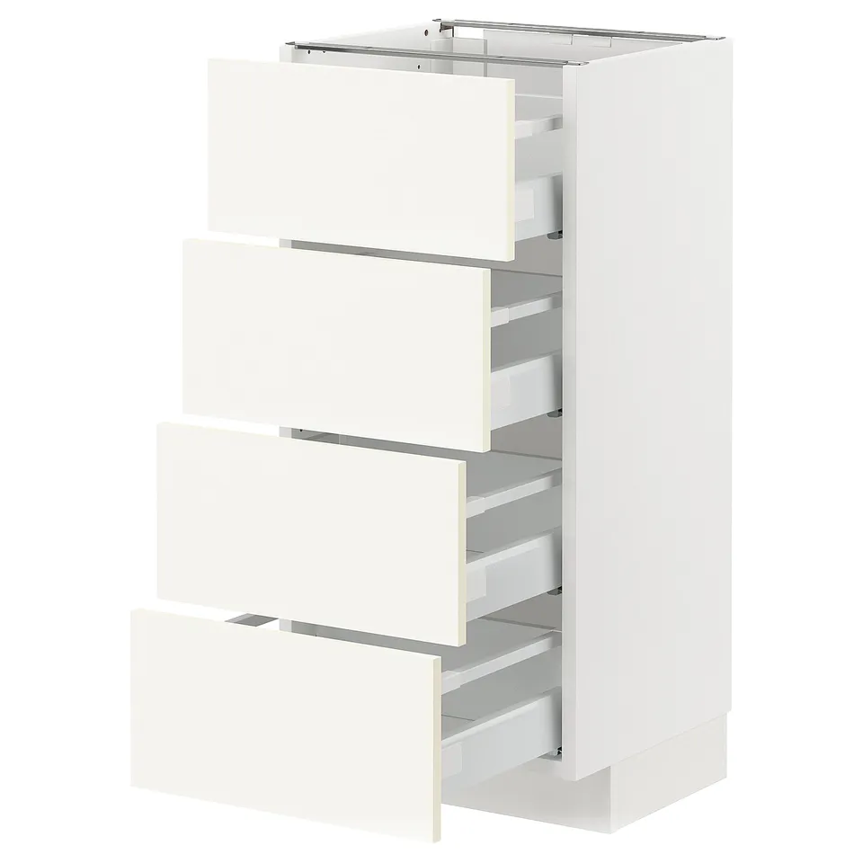 A METOD white kitchen cabinet with four open drawers, made of particleboard and plastic parts, featuring a sleek minimalist design.