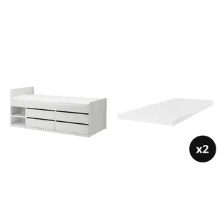 SLÄKT/ÅRBERGET set: bed frame w storage+slatted bedbase + natural latex mattress x2
