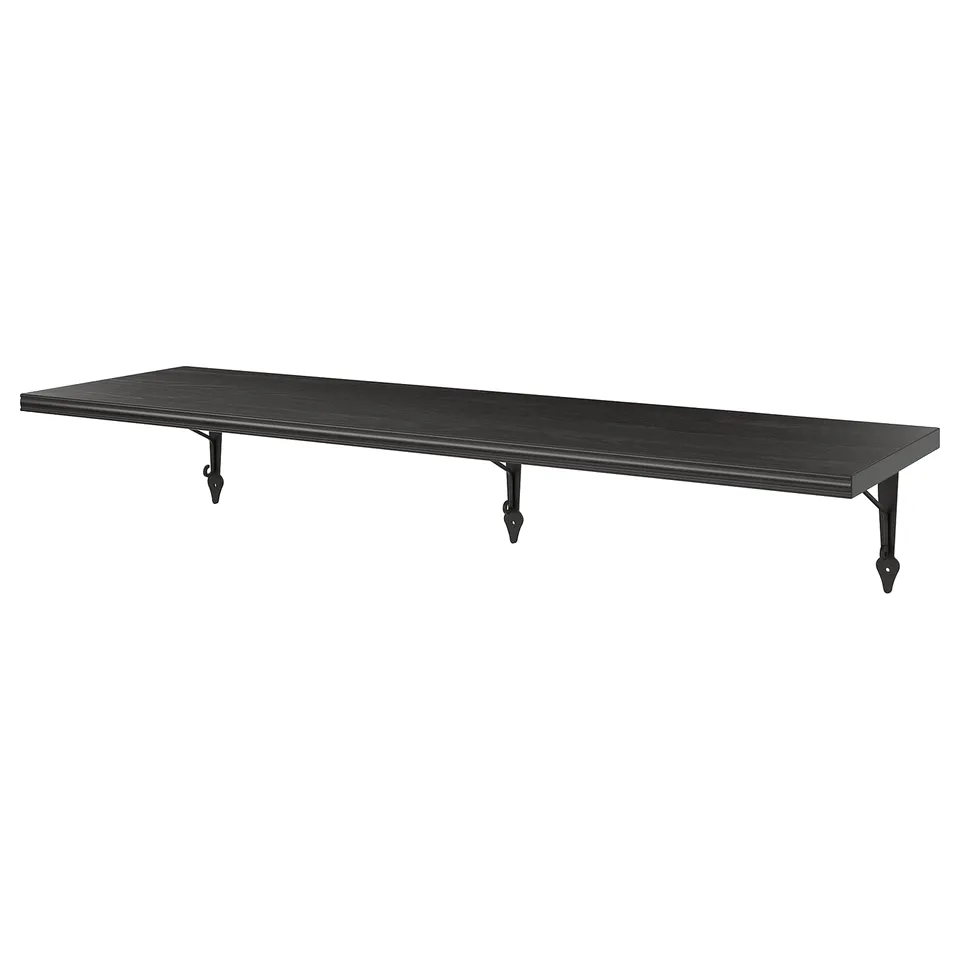 Black rectangular wall shelf BERGSHULT. Two styles, fits various rooms. Made of particleboard and steel brackets.