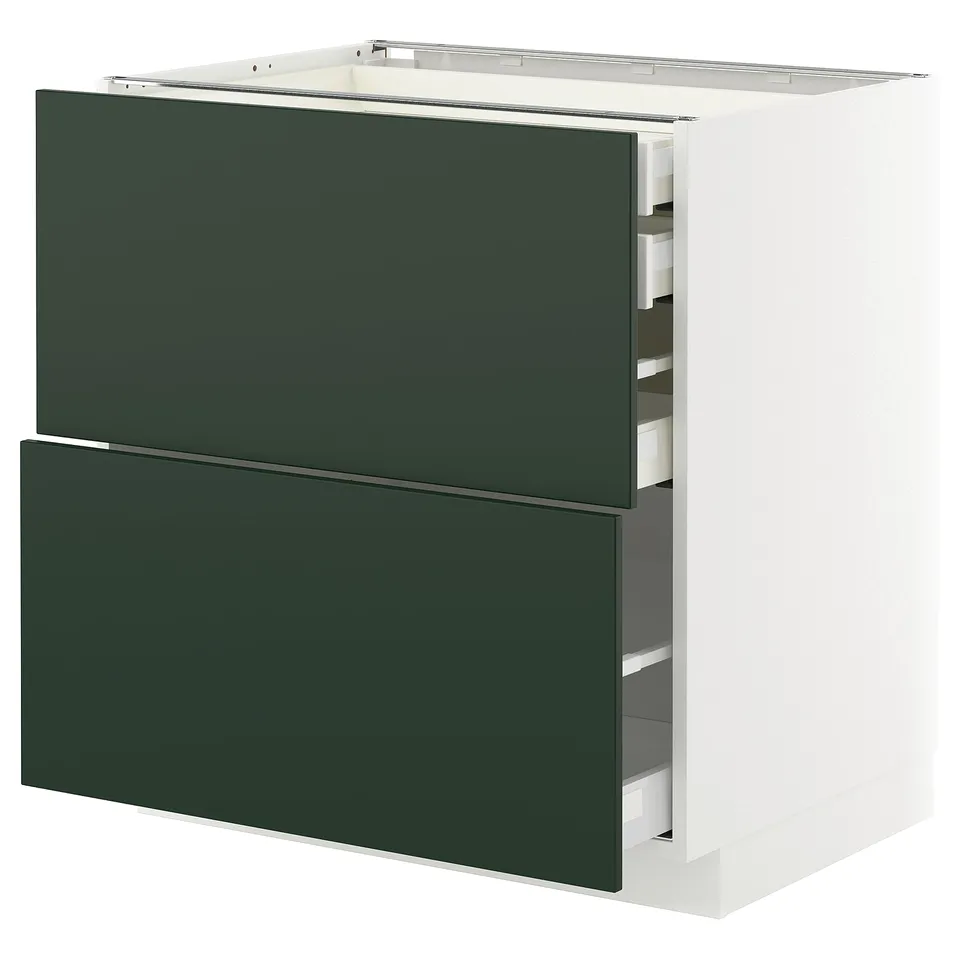 Modern kitchen storage unit, white & deep green, square, with multiple drawers.