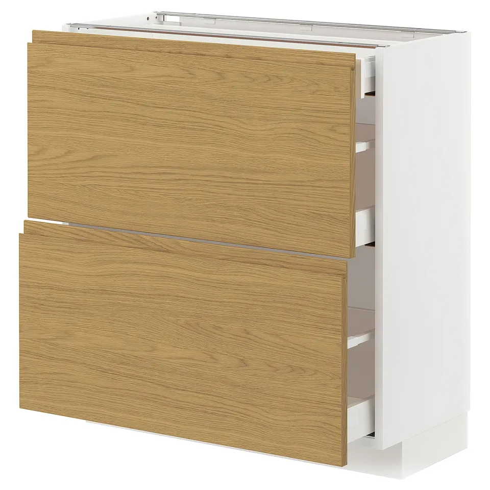Modern kitchen cabinet, light wood and white, two doors, two drawers, minimalist design.