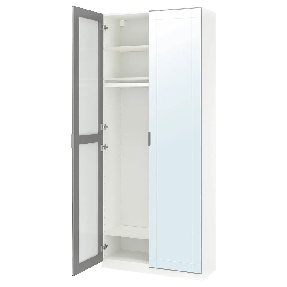 White PAX wardrobe with mirrored door, simple design, adjustable feet, and silver handles.