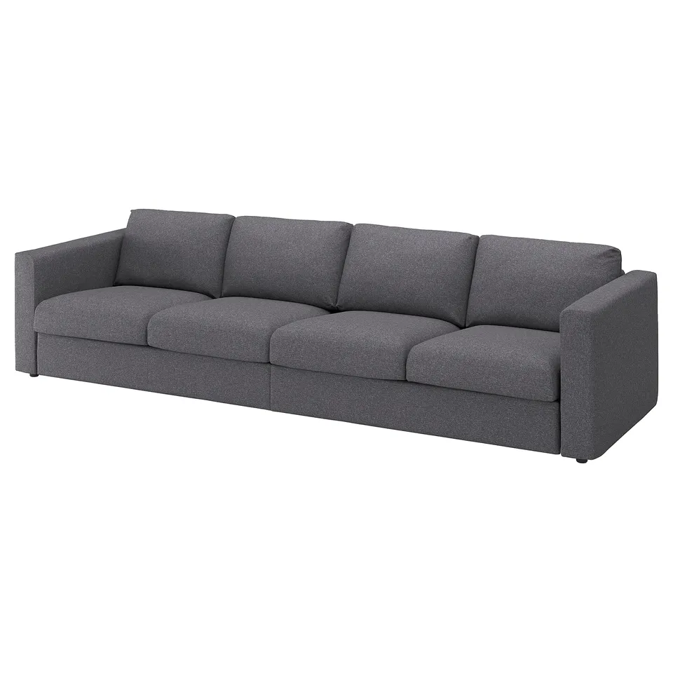 VIMLE sofa: grey, modern, wide, soft fabric, deep cushions, clean lines.