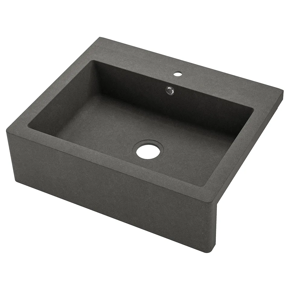 Dark grey farmhouse sink, rectangular, single deep basin, quartz composite, stainless drain.