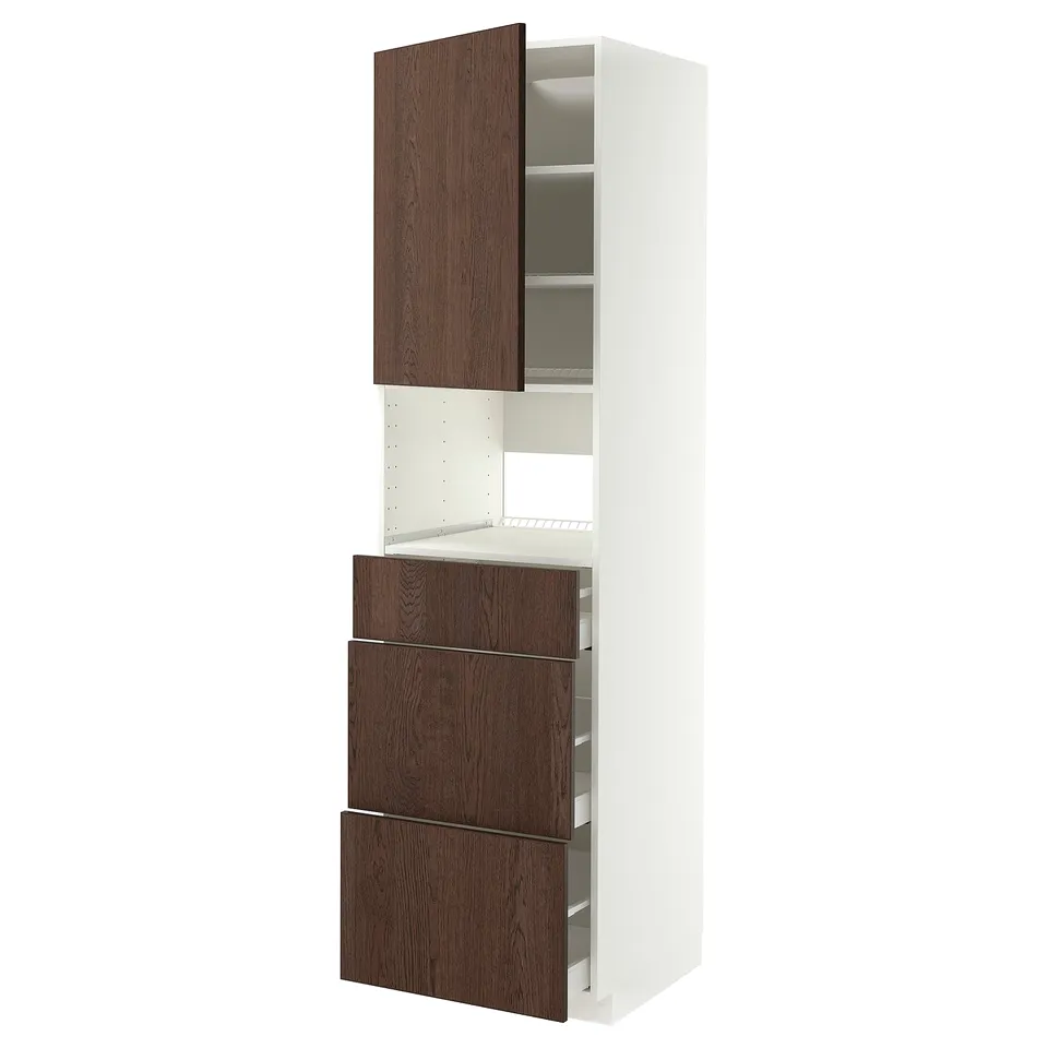Modern kitchen unit, white and dark brown. Cabinets with wooden texture and multiple drawers, perfect for storage.