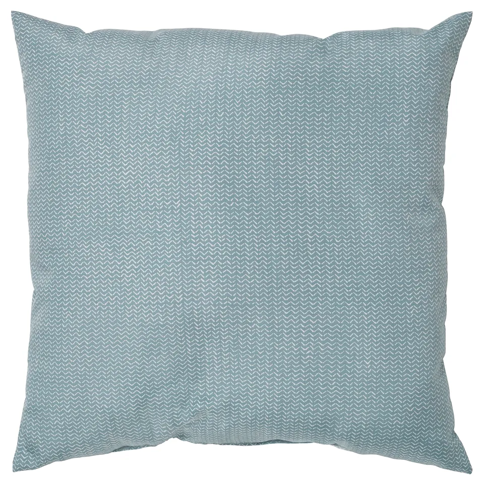 A grey-blue square throw pillow named PROFETBLOMMA with a subtle zigzag pattern, made from recycled polyester.