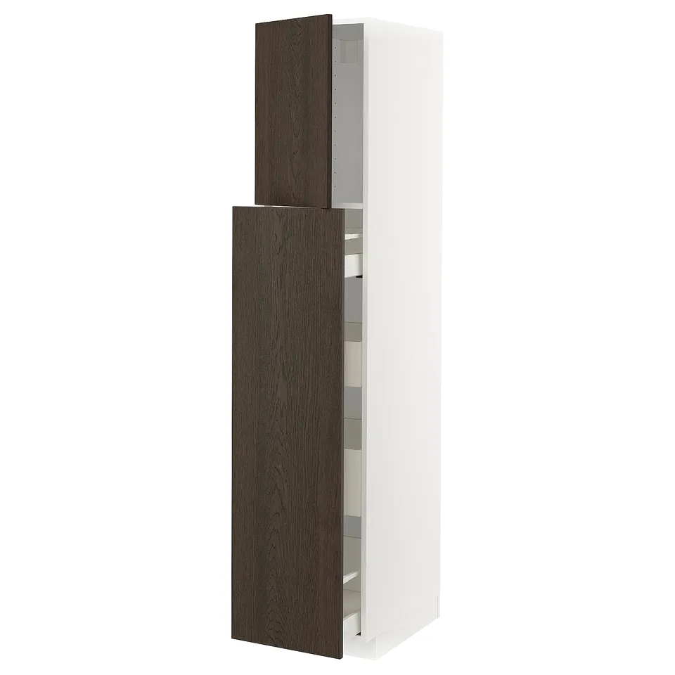 Modern kitchen cabinet in white with dark brown doors, sleek design, and sturdy construction.