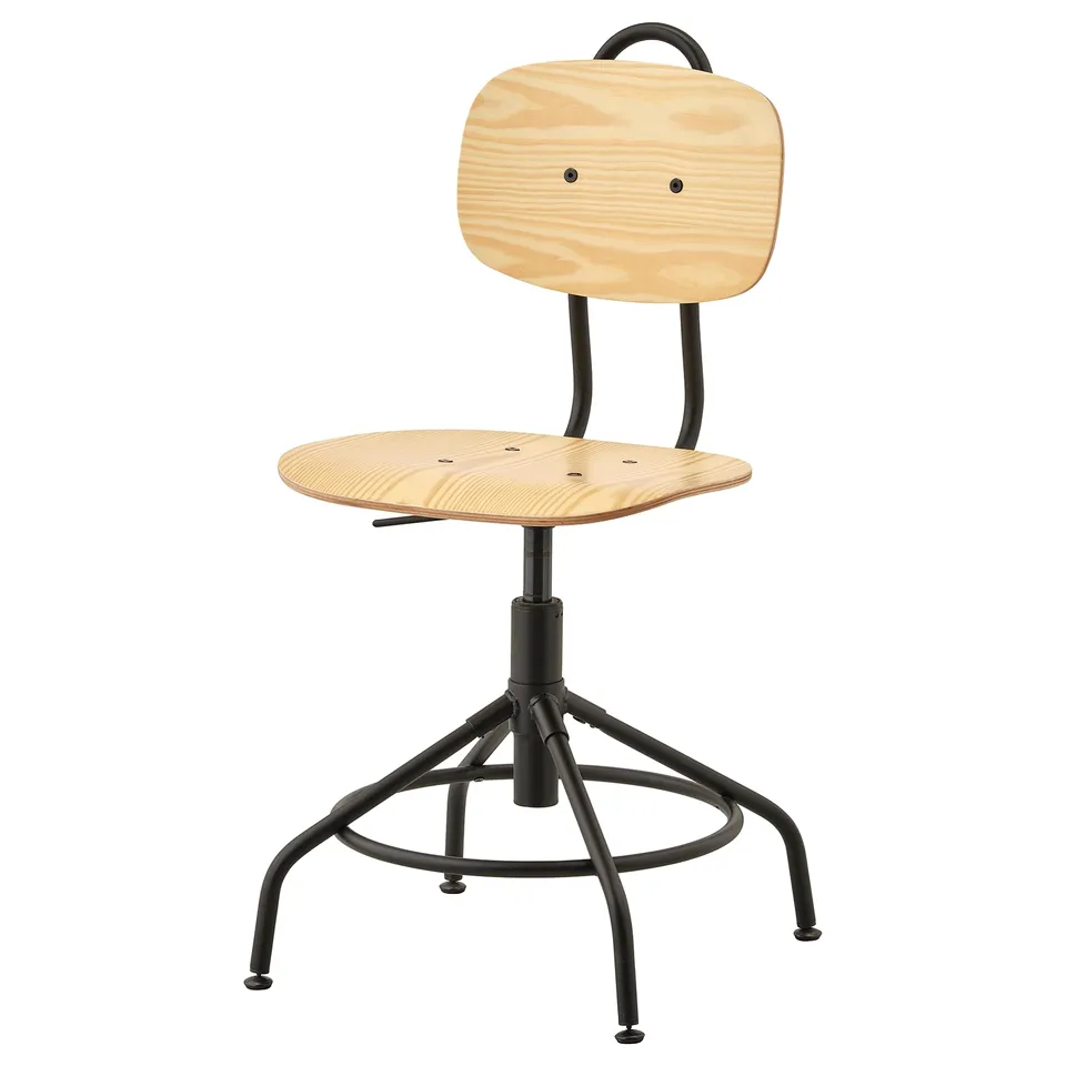 KULLABERG chair: light wooden seat/back, black metal base, adjustable height.