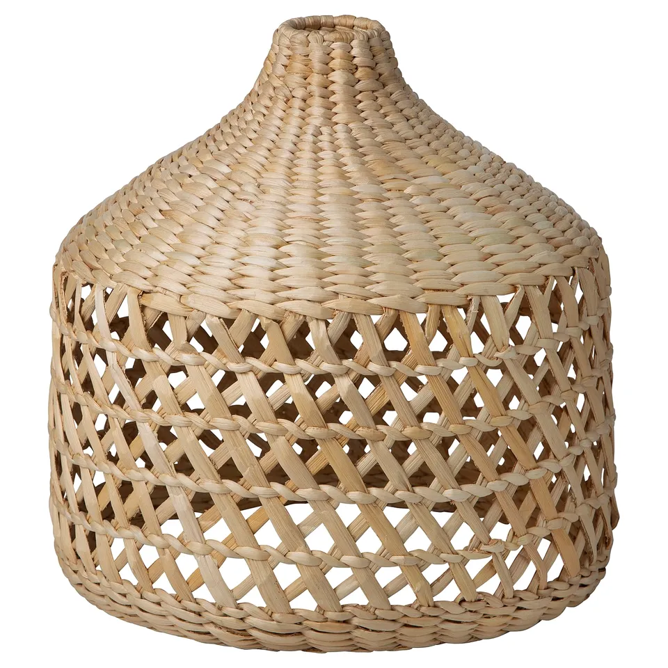 Handwoven MÄVINN lampshade, natural colour, banana fibres, conical shape, intricate lattice design. Soft, warm light diffuser.