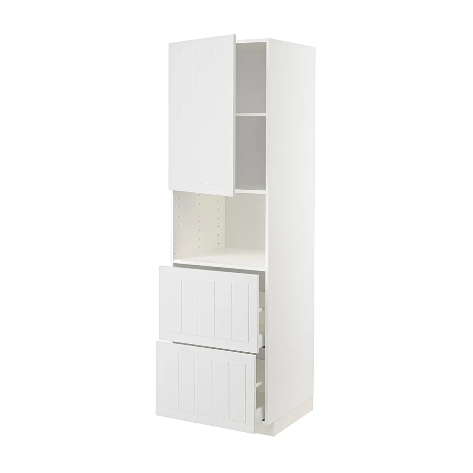 White METOD kitchen unit with shelves and drawers in modern design.