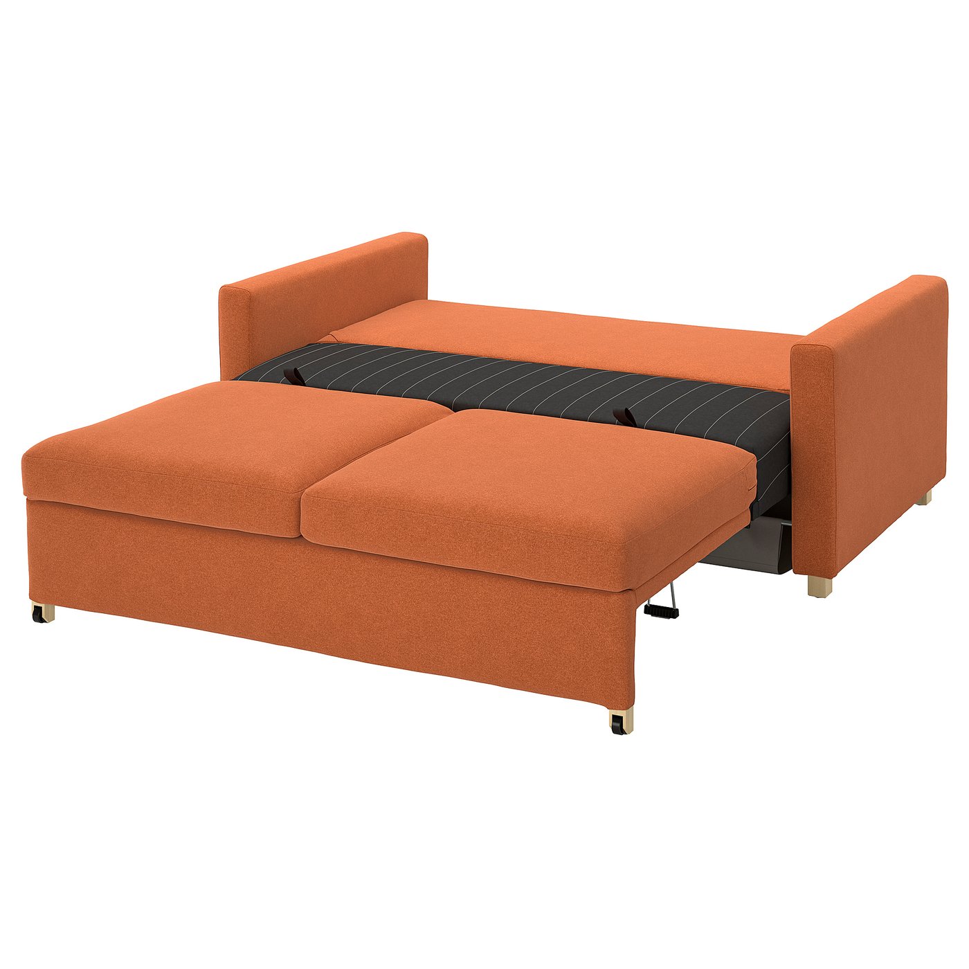 An orange SALTSJÖBADEN convertible sofa, featuring polyester upholstery, a rectangular shape with a cushioned back and seat, and a modern design.
