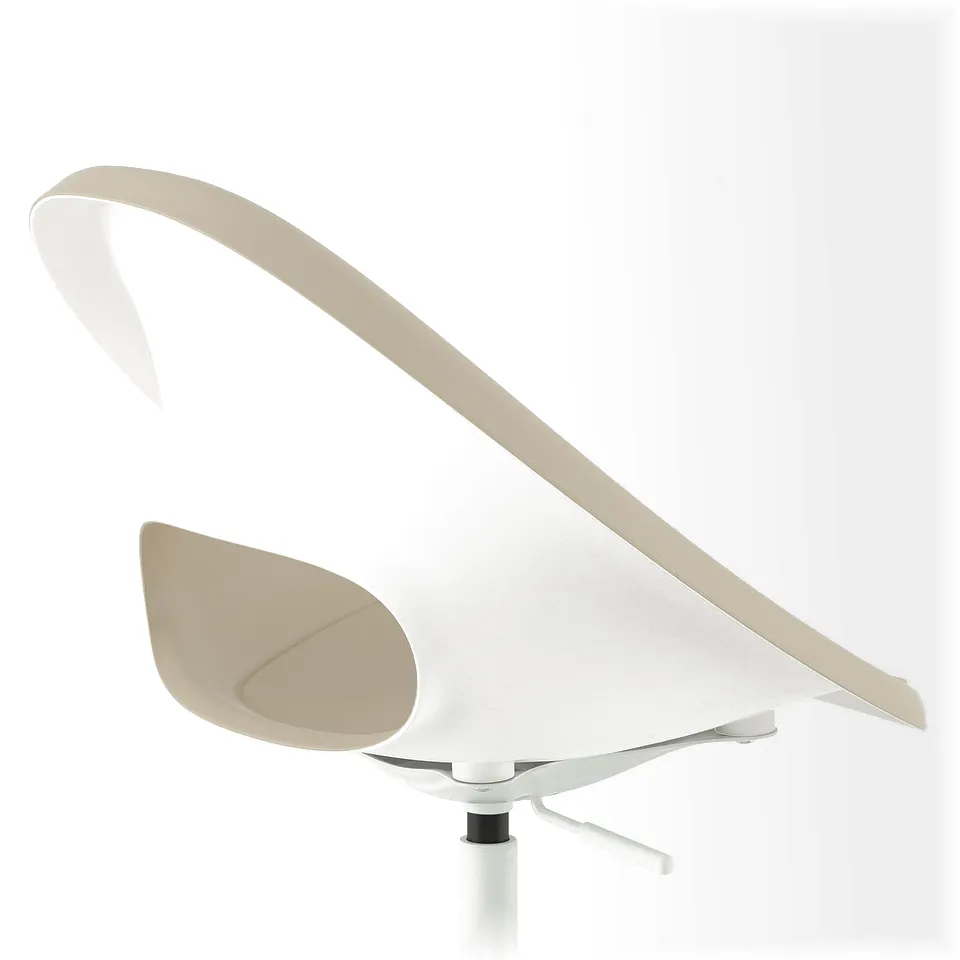 Sleek modern chair with smooth curves and tan seat. Adjustable height and sturdy base. High back for lower back support. Ideal for home or office use.