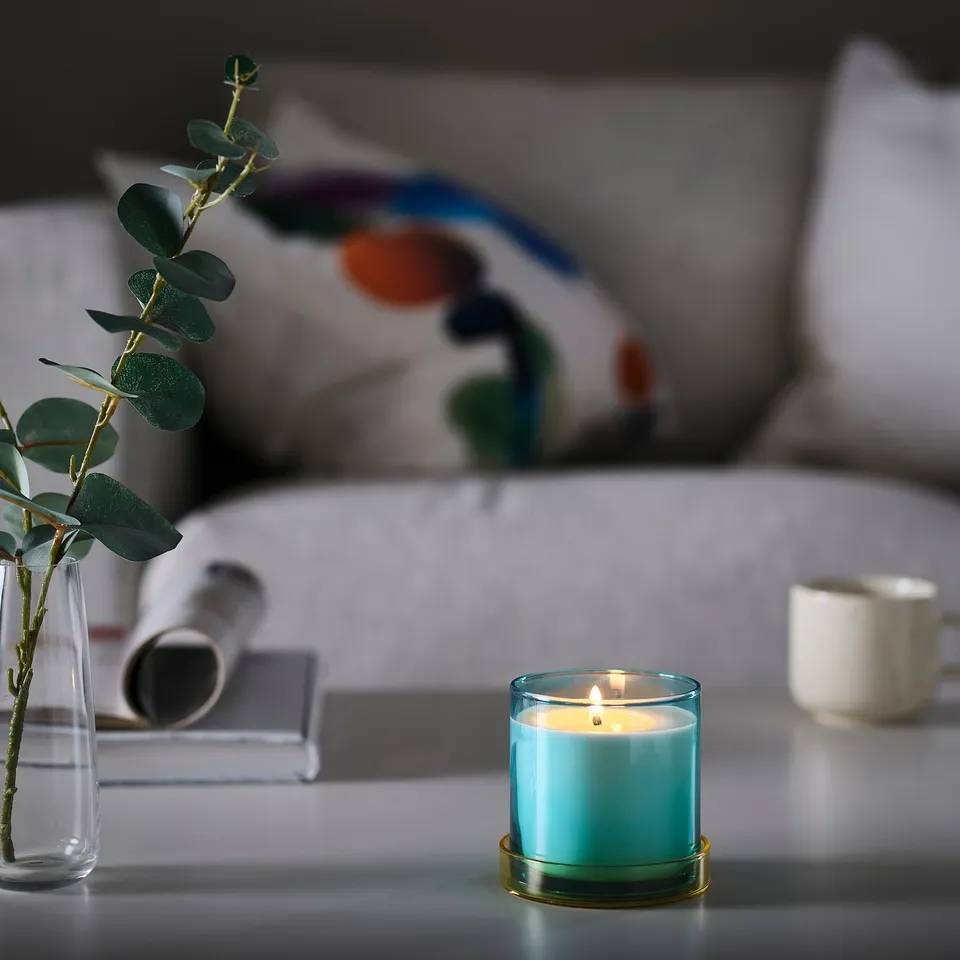 DVÄRGHÖK Scented candle in glass with lid, Fig leaf blue/light yellow, 50 hr
