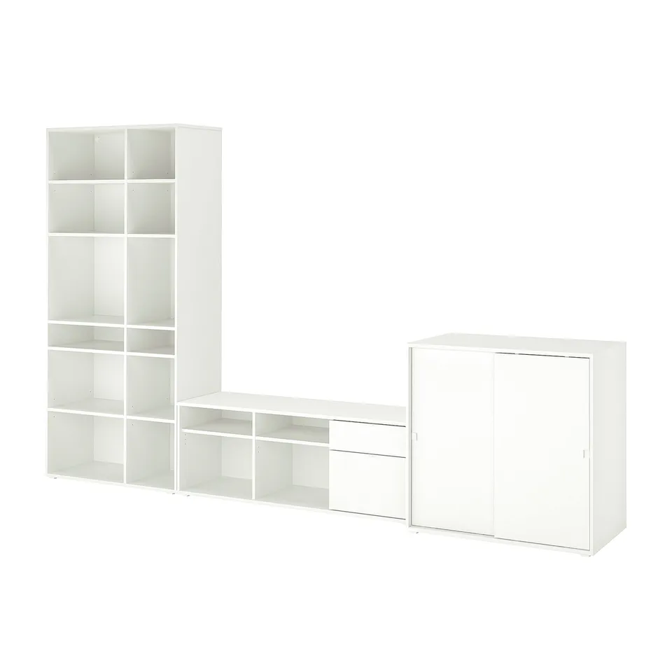 A white VIHALS storage set, including a tall shelf, a wide tv bench, and a cabinet with sliding doors, ideal for organising living spaces.