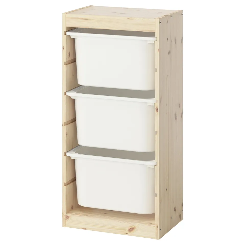 Ikea TROFAST light wood frame with 3 white plastic bins.