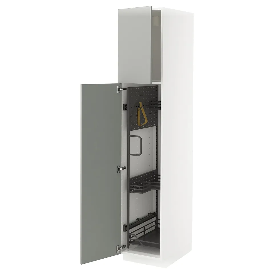 Open kitchen cabinet; white frame, grey door; metal interior, pegboard.