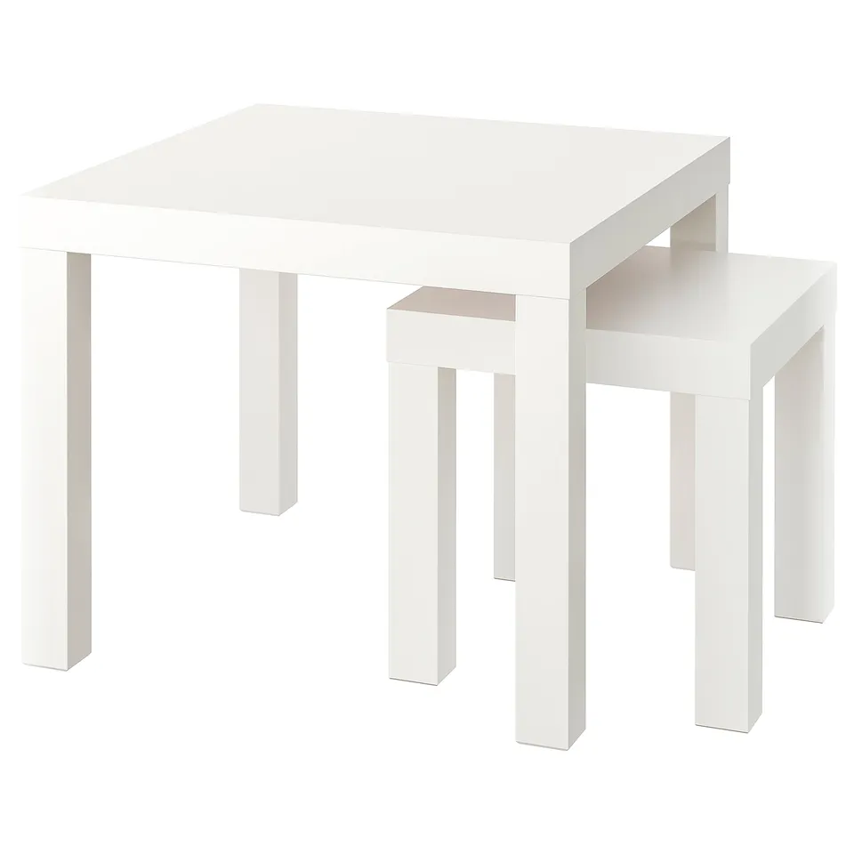 White LACK nesting tables, square, simple design, space-saving.