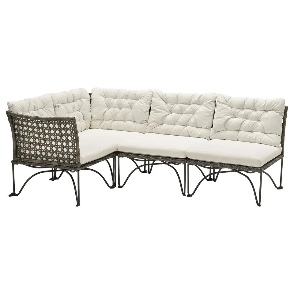 JUTHOLMEN outdoor sofa, white, wicker & steel, l-shape, comfy cushions.