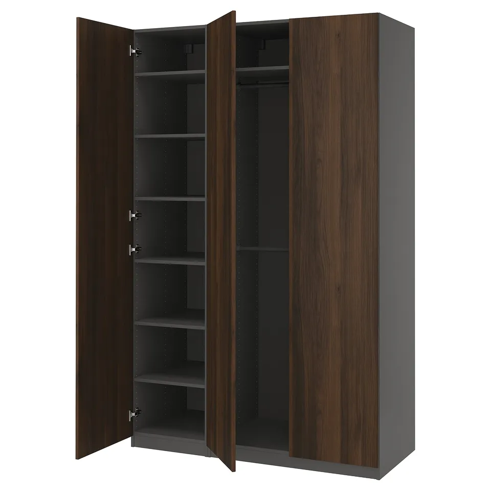 An open PAX wardrobe in dark brown with grey interior, featuring multiple shelves and a hanging rod.