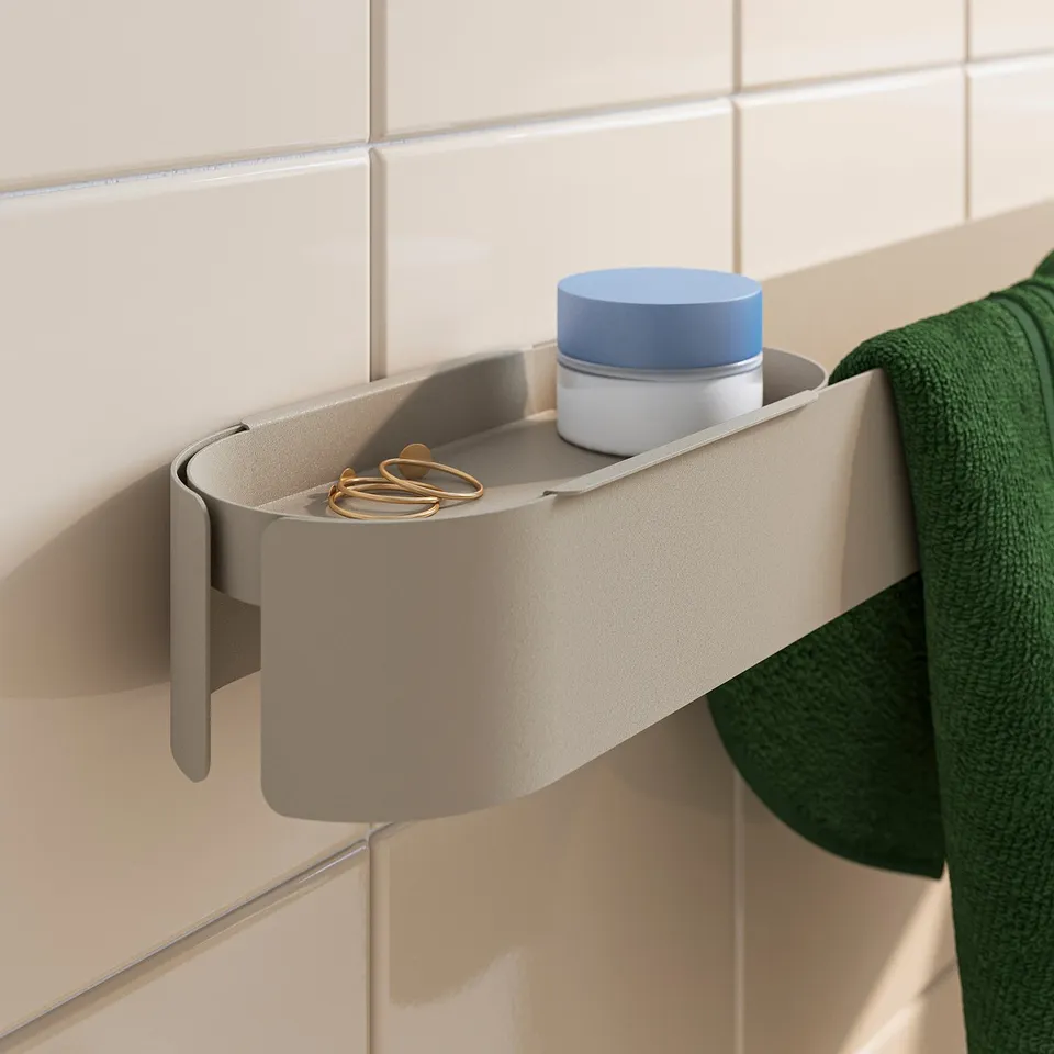Bathroom rail with tray, holds rings and lotion, sleek design, minimalist style.
