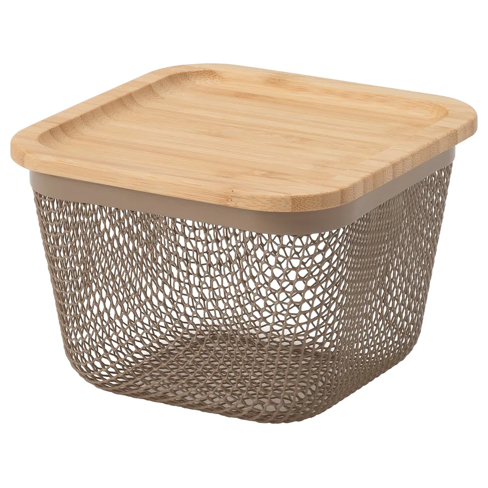 IKEA 365+ metal basket with bamboo lid, beige, rectangular, mesh design.