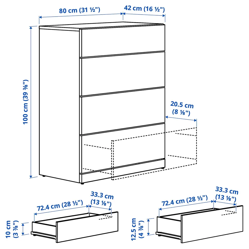LASTARE Chest of 4 drawers, white, 80x42x100 cm