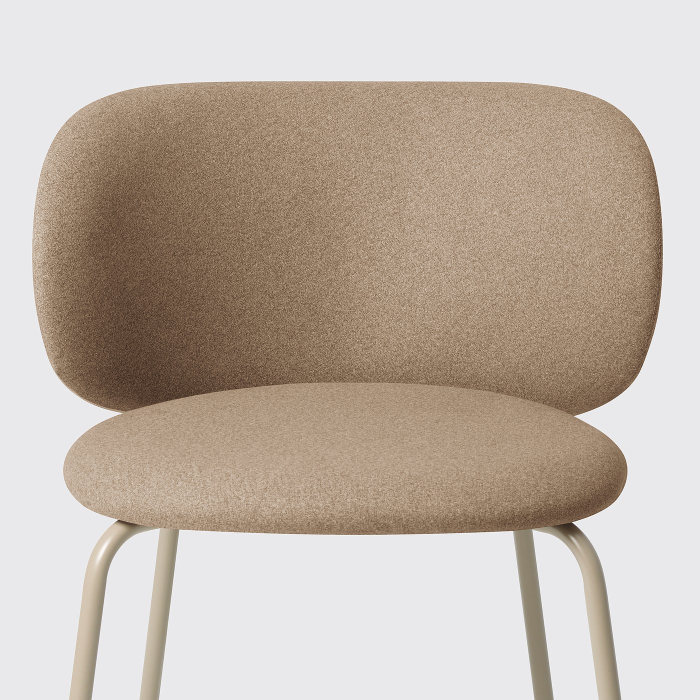 A modern beige chair with a comfortable, curved backrest and four metal legs, designed for style and comfort.