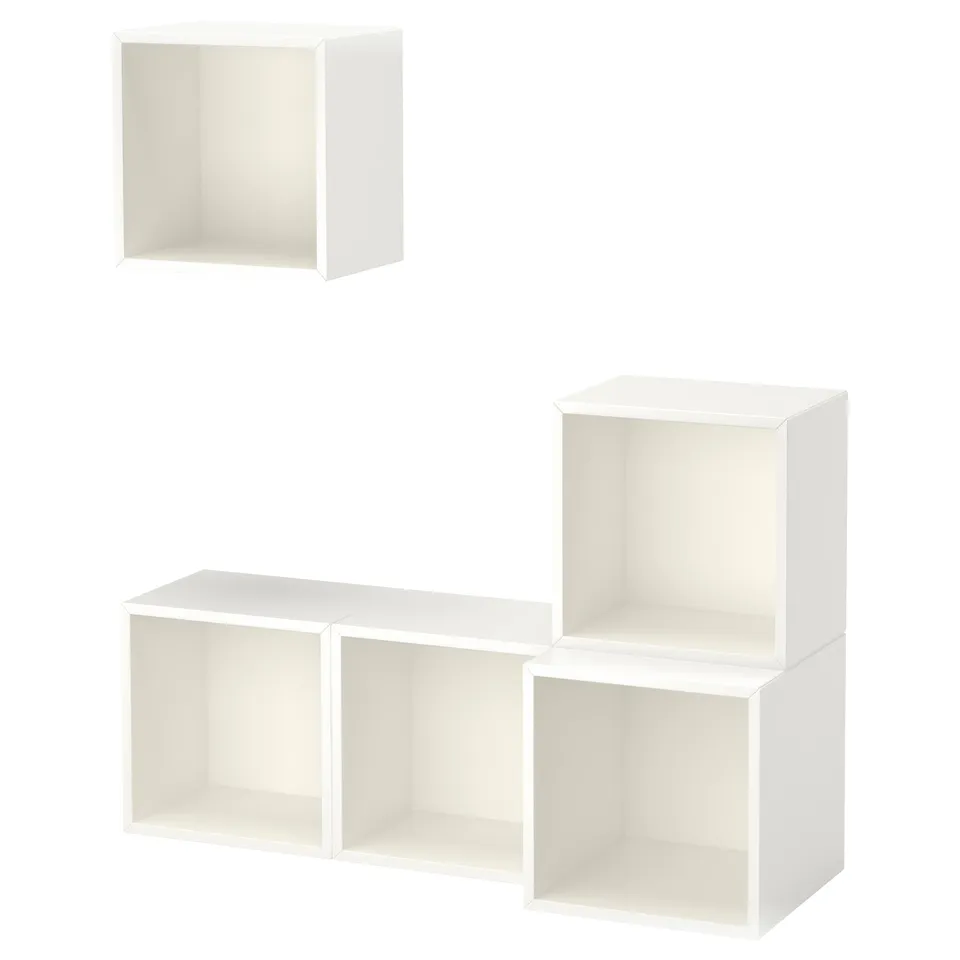 White EKET storage cubes in different sizes and shapes, designed for versatile and space-saving storage solutions.