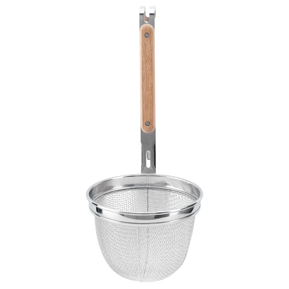 VARDAGEN deep strainer with beechwood handle, stainless steel basket. Hangs for efficient cooking.