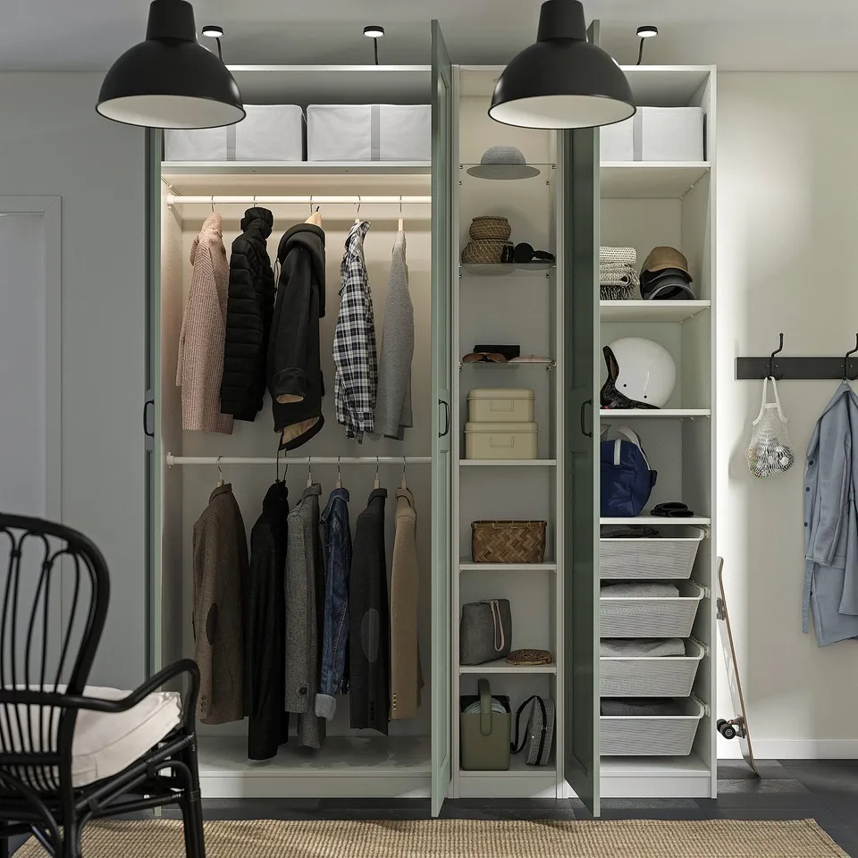 PAX / GRIMO Wardrobe combination, white grey-green/white, 185x60x236 cm