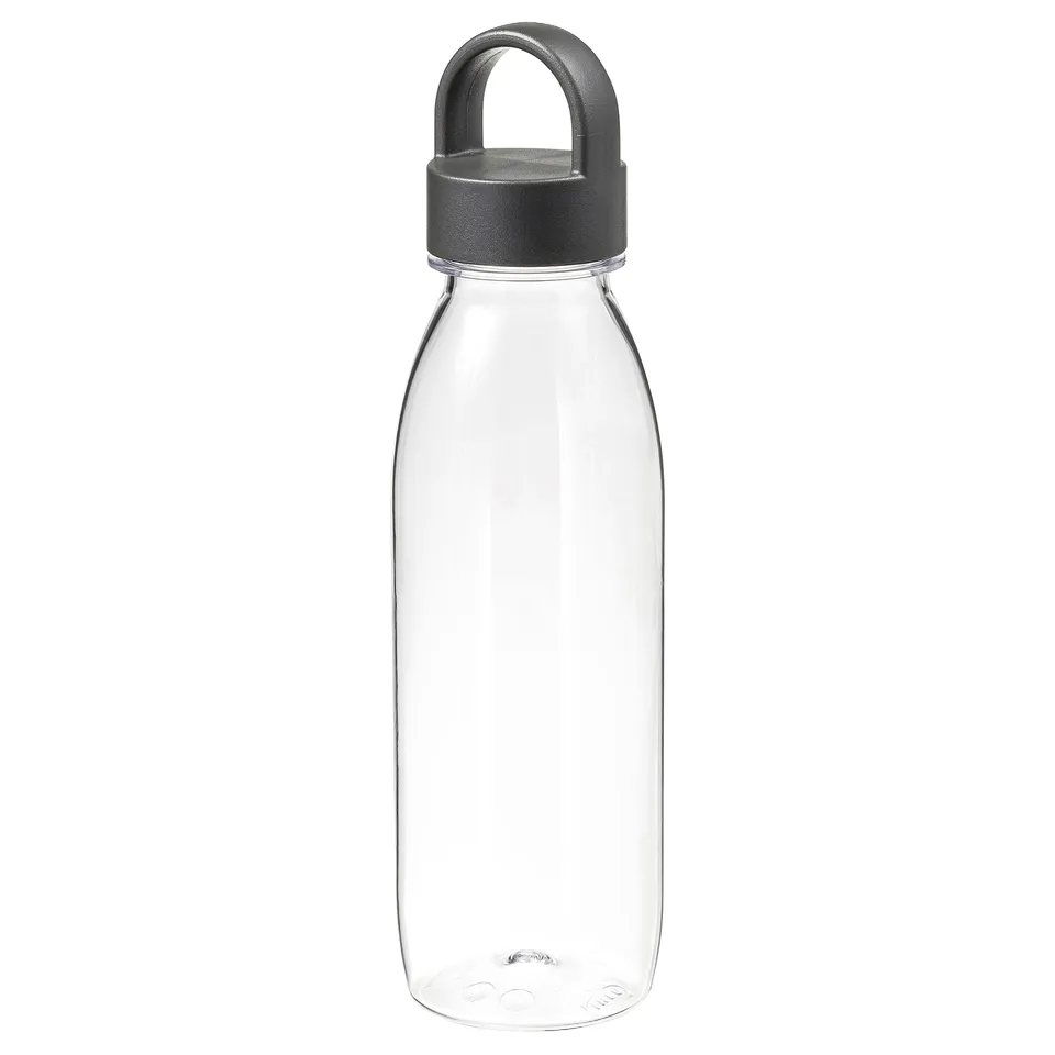 IKEA 365+ clear water bottle with dark grey lid, cylindrical shape, durable plastic, strap handle.