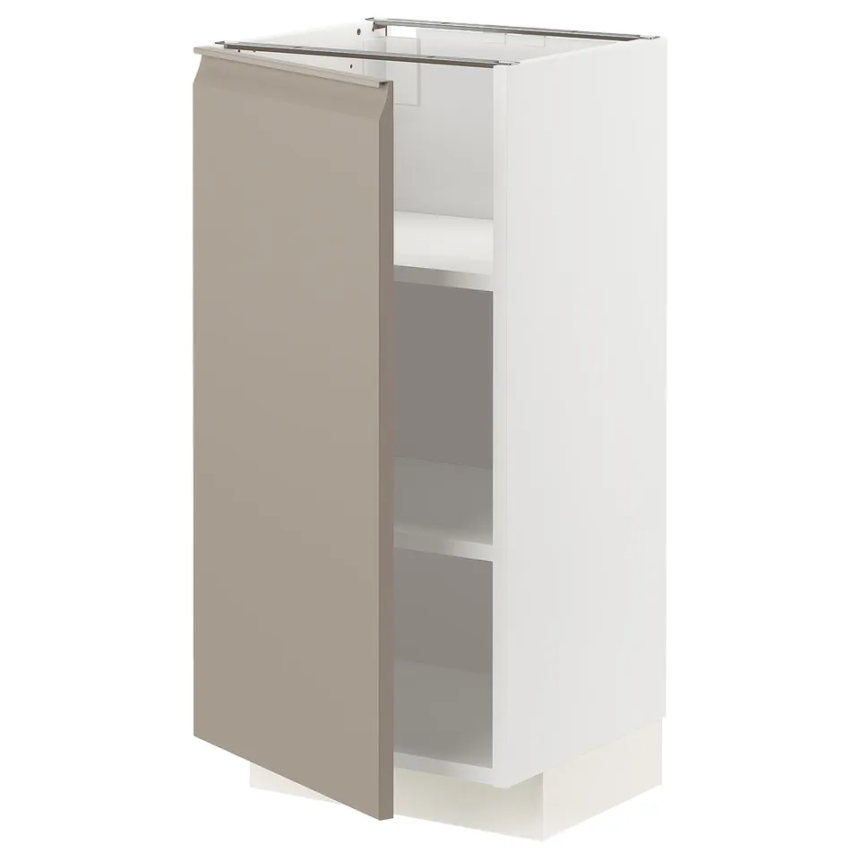 Modern kitchen cabinet, upplöv matte grey-beige with metallic handles, square, two shelves.