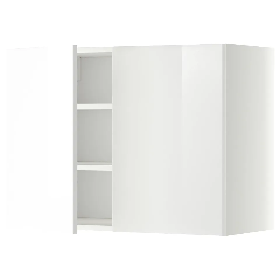 White wall-mounted kitchen cabinet with glossy doors, one open revealing adjustable shelves. Modern, rectangular, and sleek design.