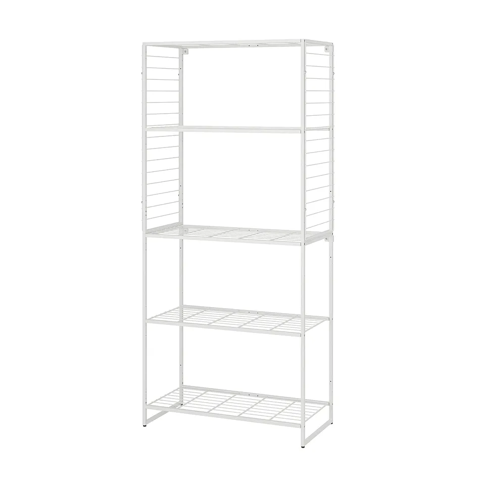 White JOSTEIN storage rack, four-tiered, wire grid design.