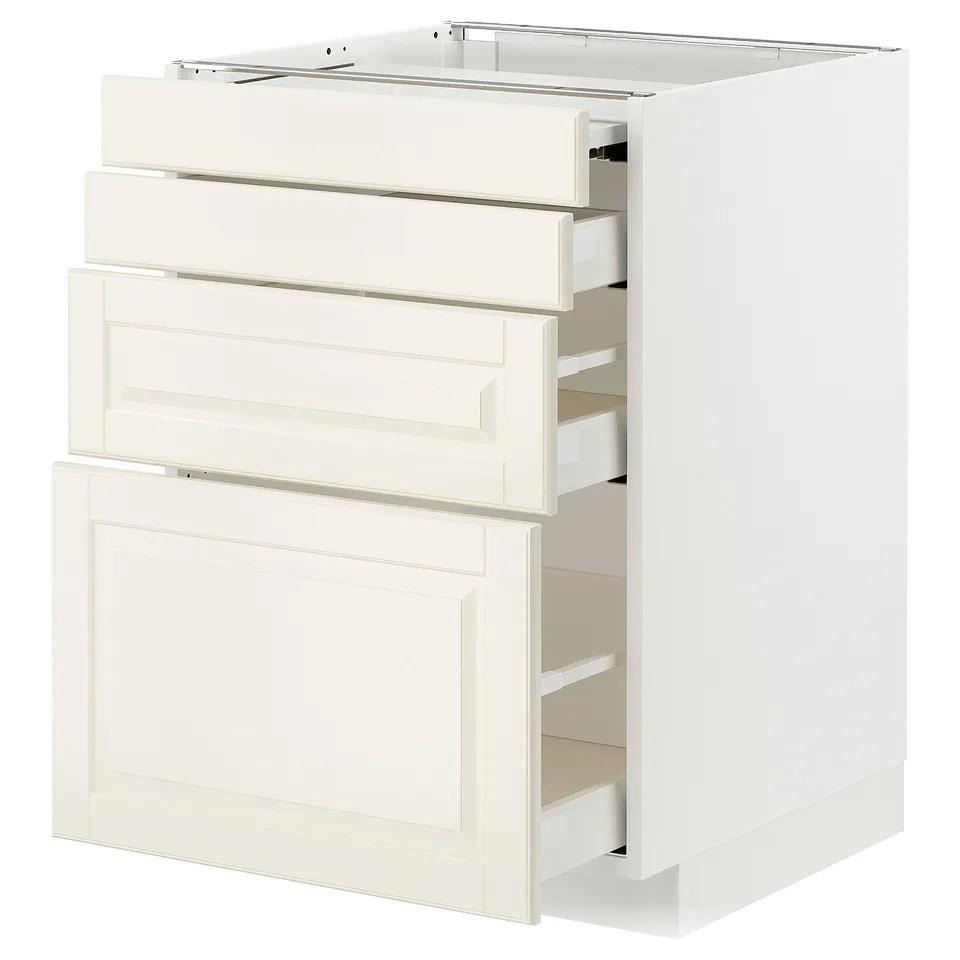 METOD off-white kitchen cabinet with bevelled edges and pull-out drawers.