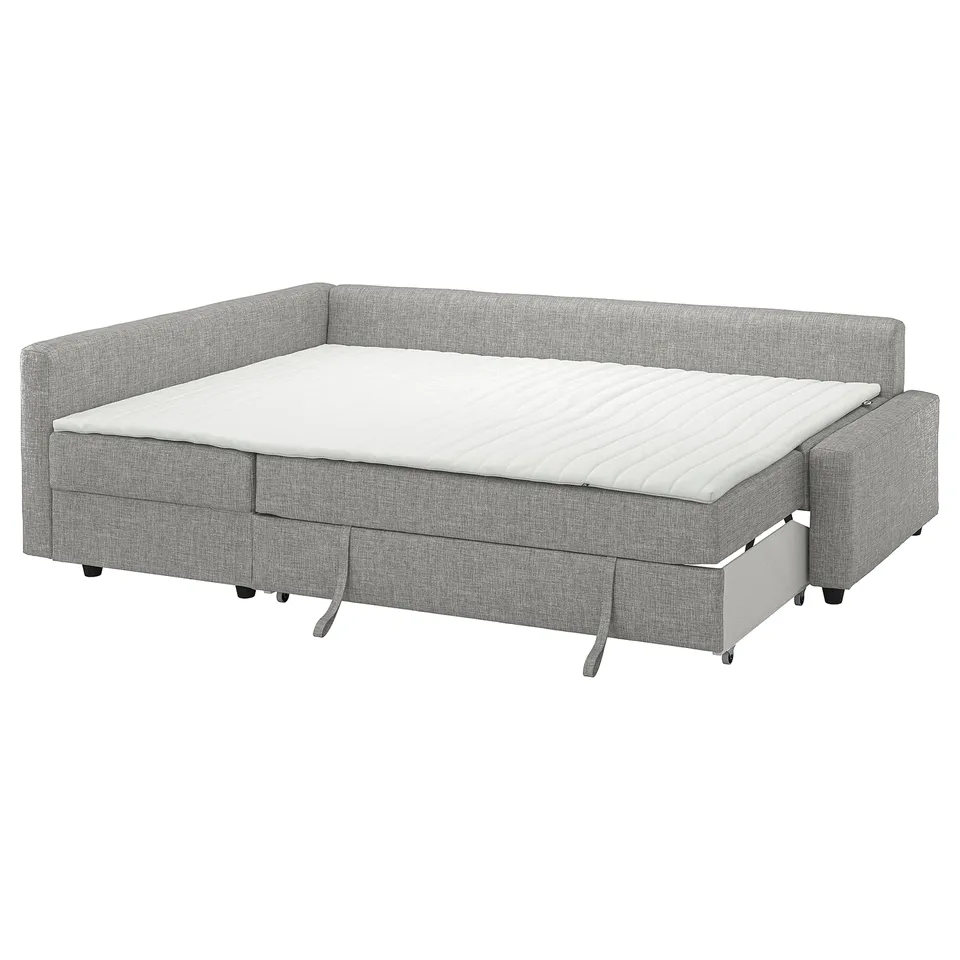 FRIHETEN: grey sleeper sofa with storage, rolled mattress, clean lines.