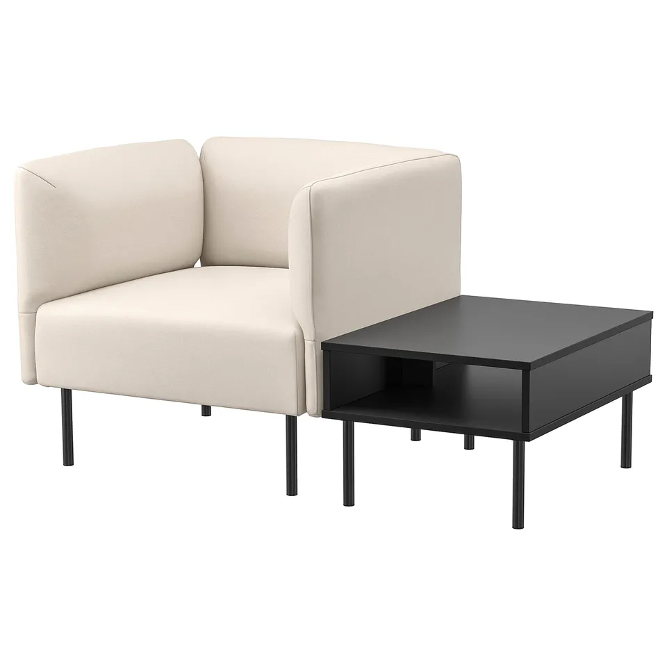 LILLEHEM modular sofa, beige, black side table with metal legs & storage.