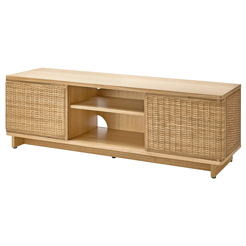 Natural wood tv bench with woven front, open shelf, and adjustable feet.