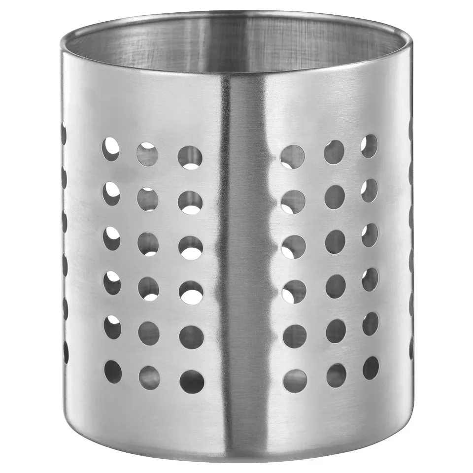 ORDNING stainless-steel container, cylindrical shape, perforated design for drainage, ideal for cutlery or kitchen utensils.