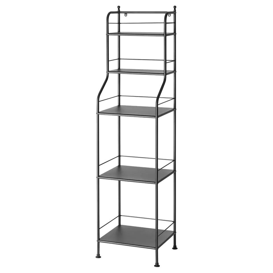 Frosjon black metal shelving unit, tall with four tiers, traditional design.