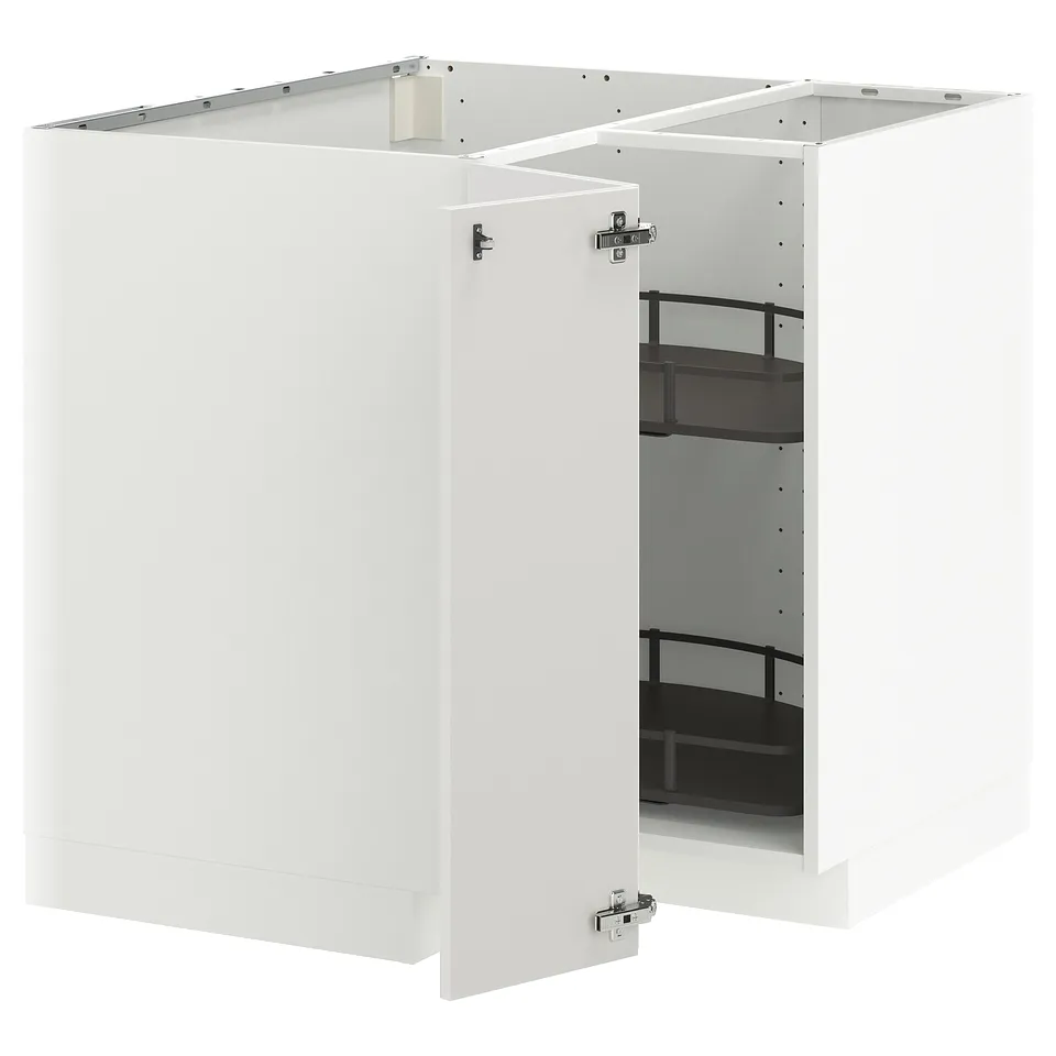 White METOD kitchen cabinet set with glass doors and metal shelves.