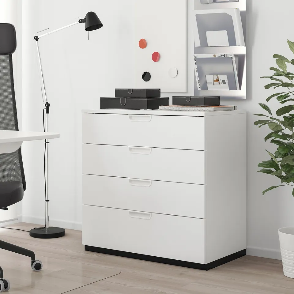 White GALANT 4-drawer filing cabinet in minimalist office.