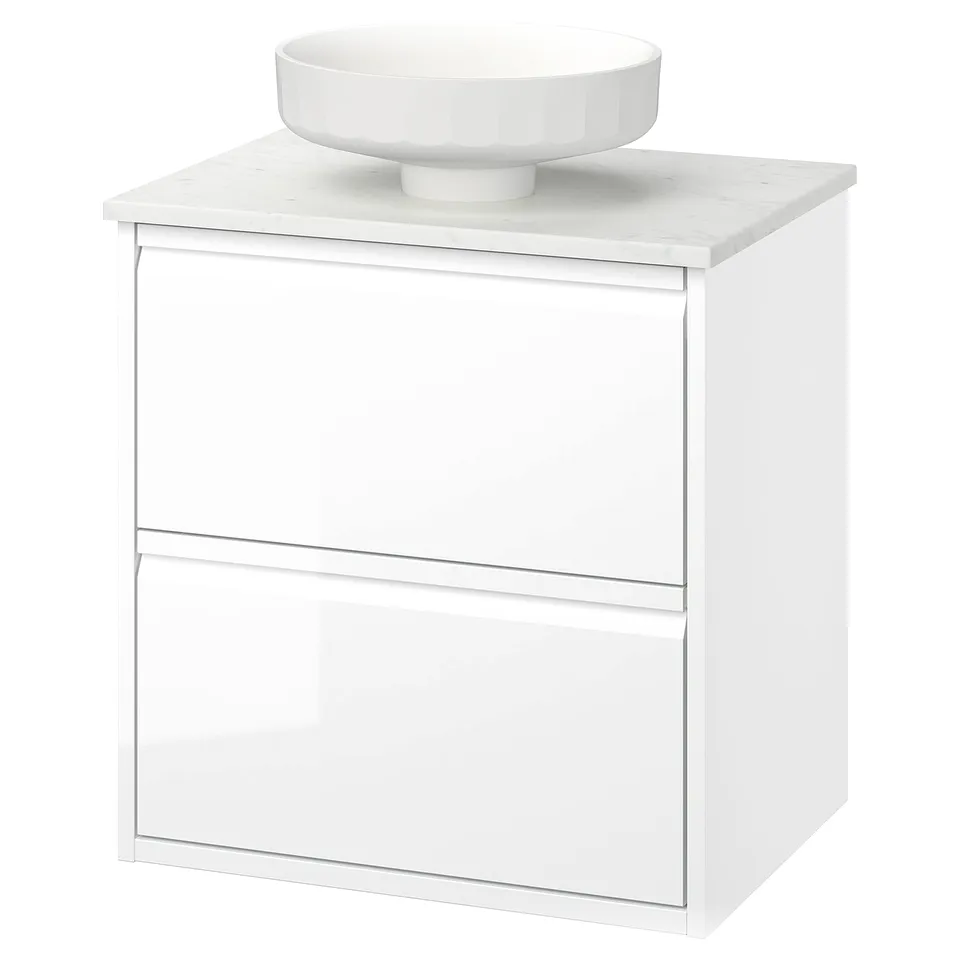 ÄNGSJÖN white bathroom cabinet, marble top, round bowl sink, glossy white drawers.