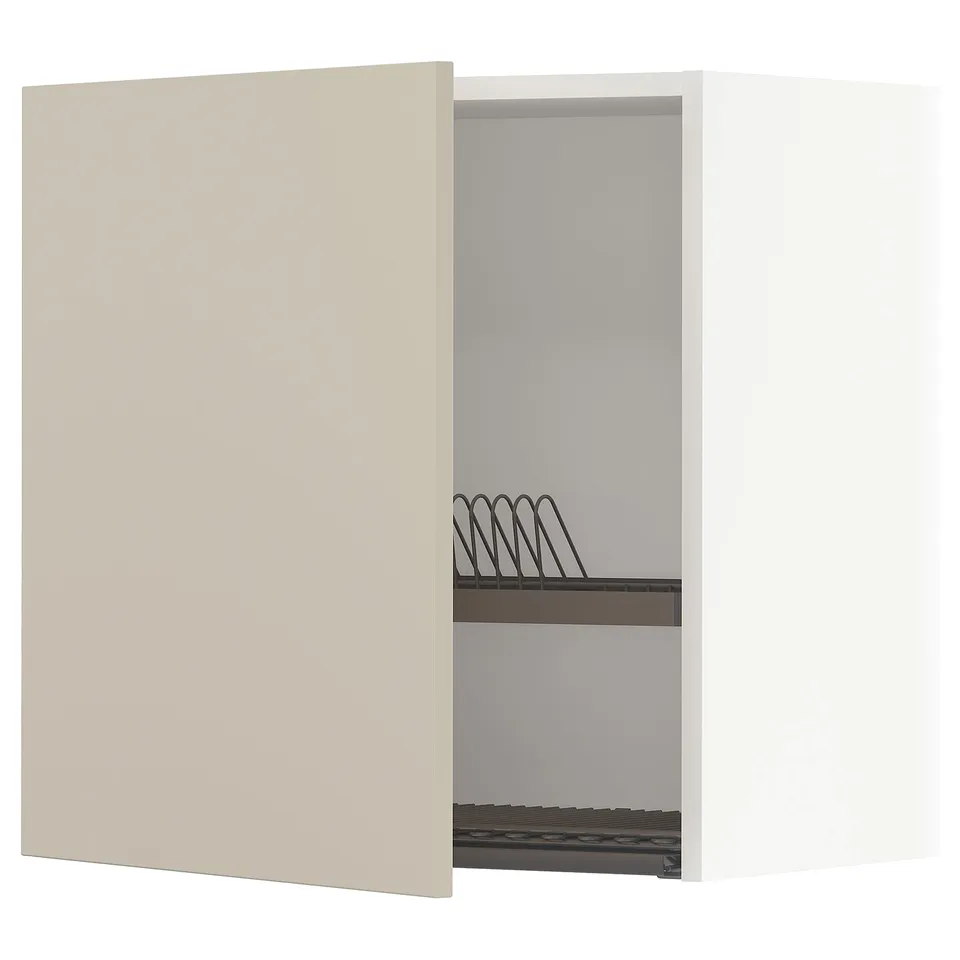 Beige METOD kitchen cabinet with adjustable shelf and dish drainer.