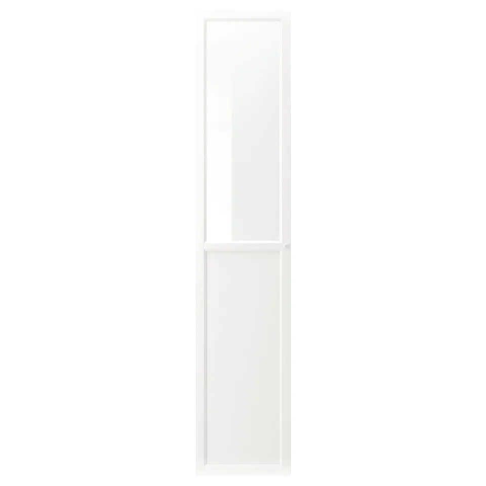 A white IKEA OXBERG door with a glass panel in the centre. Its a modern design with adjustable hinges.