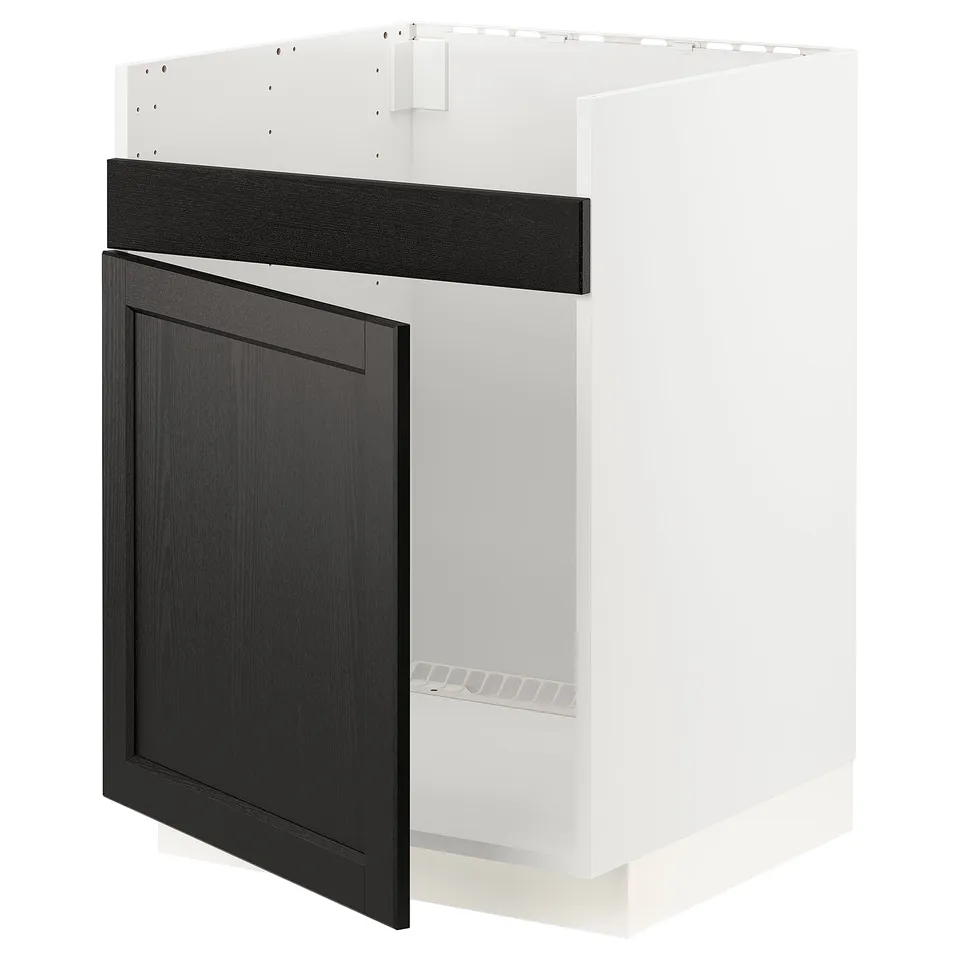Modern METOD kitchen cabinet with dark grey lerhyttan fronts, sturdy white frame.