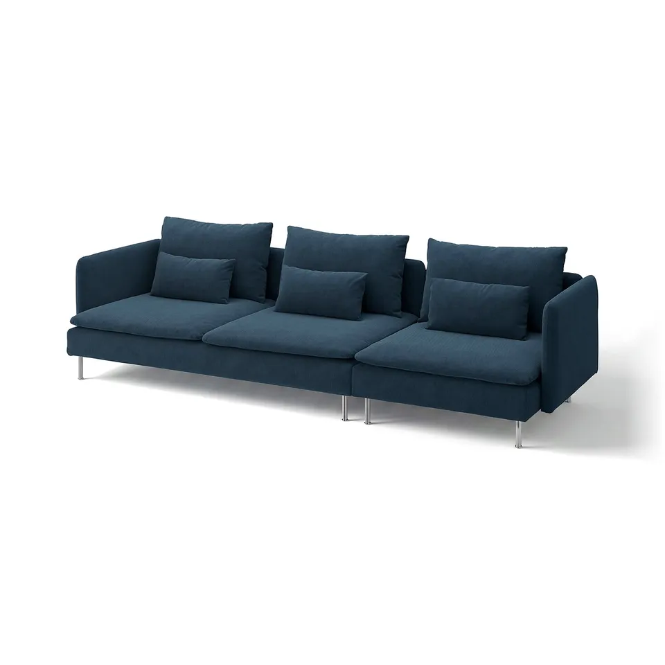 Dark blue SÖDERHAMN sofa, modern minimalist design, chrome legs, deep cushions.